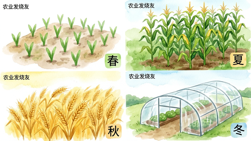 四宫格拼图展示同一块田地春、夏、秋、冬四个季节的不同景象:春季嫩绿秧苗、夏季茂盛玉米株、秋季金黄麦浪、冬季覆盖薄膜的温室,布局为2x2网格,采用水彩插画风格,细节有季节标签“春”“夏”“秋”“冬”,画质柔和干净,无多余元素,每格左上角有小字“农业发烧友”