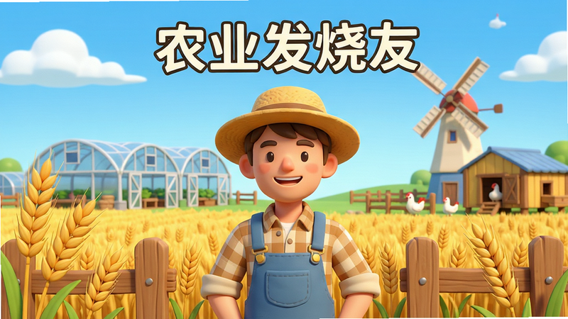 画面展示一位面带微笑的年轻农场主站在金黄色的麦田前,身后是整洁的农场大棚、风车和鸡舍,天空湛蓝,整体布局为横向宽幅构图,采用治愈系卡通渲染风格,细节包括麦穗颗粒、木栅栏纹理和飘动的云朵,画质清晰干净,无多余元素,画面上方居中带有标题文字“农业发烧友”