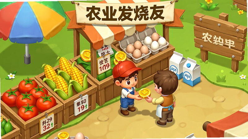 热闹的乡村集市俯视图,多个摊位摆放着红彤彤的西红柿、金黄的玉米、新鲜的鸡蛋和牛奶,玩家角色正与一位顾客交易,背景有彩色遮阳伞和木质告示牌,采用明亮活泼的卡通风格,布局为3/4俯视角,细节包括物价标签和金币图标,画质干净无多余元素,顶部横幅写“农业发烧友”