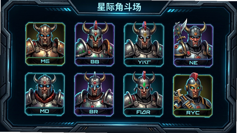 星际角斗场角色选择界面,多个角斗士头像排列,每个角色有独特外观和武器,界面为科幻风格UI,色彩鲜艳,细节丰富,画质清晰,无多余元素