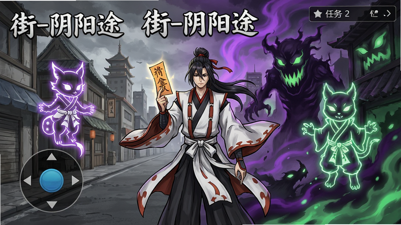 主体:《街-阴阳途》游戏主界面,一位阴阳师角色站在街头,背景一半是现实城市一半是幽冥鬼域,天空有紫色雾气。布局:角色居中,左右两侧有式神虚影。排版:界面有UI按钮,左下角摇杆,右上角任务提示。风格:2D手绘,色彩对比鲜明,现实部分灰暗,幽冥部分紫绿诡异。细节:角色手持符咒,衣袂飘动,式神轮廓发光。画质:高分辨率,干净清晰,无多余元素。画面上的文字为“街-阴阳途”游戏标题。