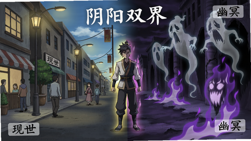 主体:角色在阴阳双界切换瞬间,一半现实街道一半幽冥鬼域。布局:画面左右分割,左边现实街道有路灯行人,右边幽冥鬼域有漂浮的幽灵和紫色火焰。排版:角色站立在分割线上,左右两侧环境对比。风格:2D手绘,光影过渡自然。细节:现实部分有“现世”标签,幽冥部分有“幽冥”标签,角色身上有光芒。画质:细腻干净,无多余元素。文字“阴阳双界”