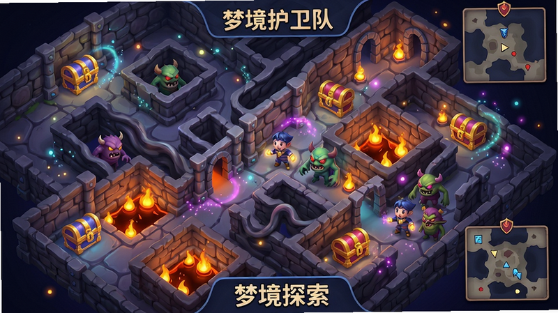 一张俯瞰视角的梦境迷宫地图插画,主体是“梦境护卫队”的关卡场景,包含扭曲的走廊、发光宝箱、火焰陷阱和一群怪物,布局为2.5D俯视,风格为奇幻卡通,细节包括墙体纹理、粒子特效、小地图指示,画质高,画面干净无多余元素,底部中间有“梦境探索”字样。