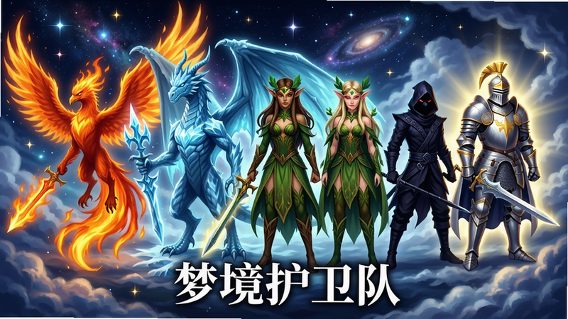 一幅梦幻风格的横版插画,主体是“梦境护卫队”的五位主角梦灵,从左到右分别是火焰凤凰、冰霜巨龙、森林精灵、暗影刺客、圣光骑士,背景是星空与云海交织的梦境世界,排版采用居中对称,角色全身站立,画风为日系厚涂,细节包括武器发光、翅膀纹理、星空辉光,画质4K超清,画面干净无多余元素,文字位于底部中央“梦境护卫队”白色艺术字体。