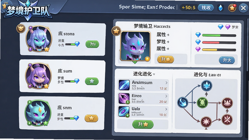 一张游戏内梦灵养成界面的截图式插画,主体是“梦境护卫队”的梦灵培养面板,左侧列着三个梦灵头像,右侧显示当前选中梦灵的属性面板、技能列表和进化树,布局为纵向卡片式,风格为UI扁平化设计,细节包括进度条、钻石图标、升星按钮,画质清晰,画面干净无多余元素,左上角标注“梦境护卫队”logo。