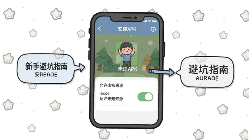 新手避坑指南示意图,显示手机安装APK界面,有“允许未知来源”开关,风格简洁,卡通,高清画质,干净无多余元素