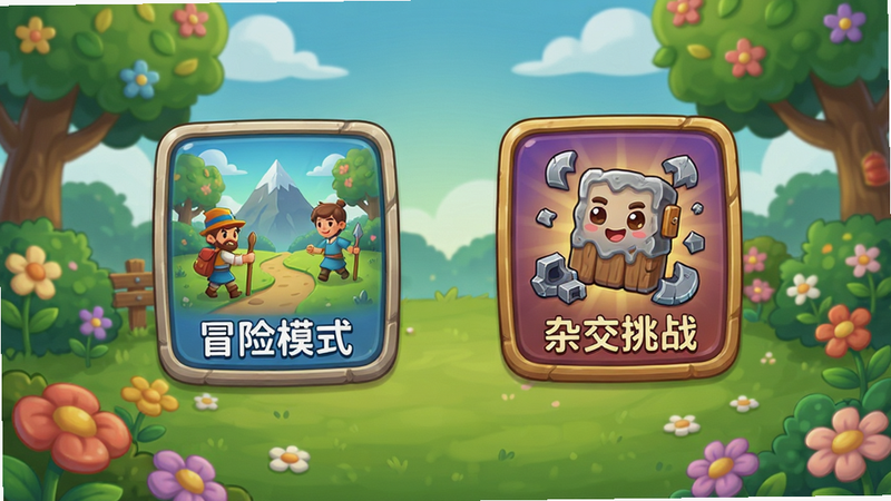 游戏关卡选择界面,显示“冒险模式”和“杂交挑战”两个入口,背景是花园场景,图标精美,卡通风格,画质清晰,干净无多余元素