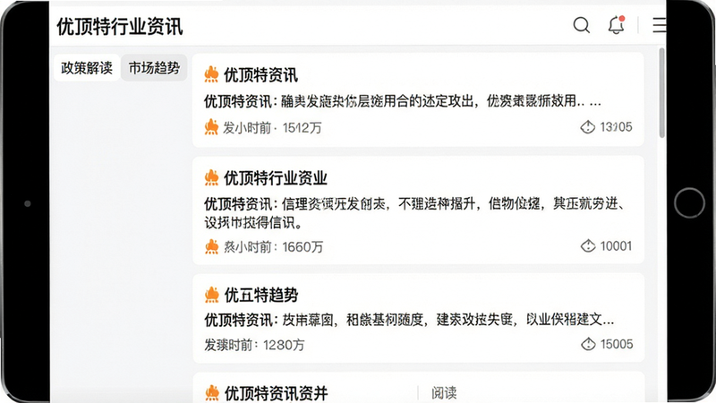 优顶特行业资讯界面截图,主体为信息流列表,布局采用瀑布流,每条资讯配标题、摘要和发布时间,风格类似新闻客户端,左上角有分类标签(如“政策解读”“市场趋势”),细节包括热点图标和阅读量数字,画质清晰,干净无多余元素,图中文字“优顶特资讯”品牌标识可见