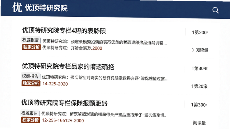 优顶特研究院专栏界面预览,主体为文章列表页,布局清晰,每条文章包含标题、摘要和阅读量,顶部有“优顶特研究院”品牌LOGO,风格学术简洁,细节显示“权威报告”“独家分析”标签,画质高,干净无多余元素
