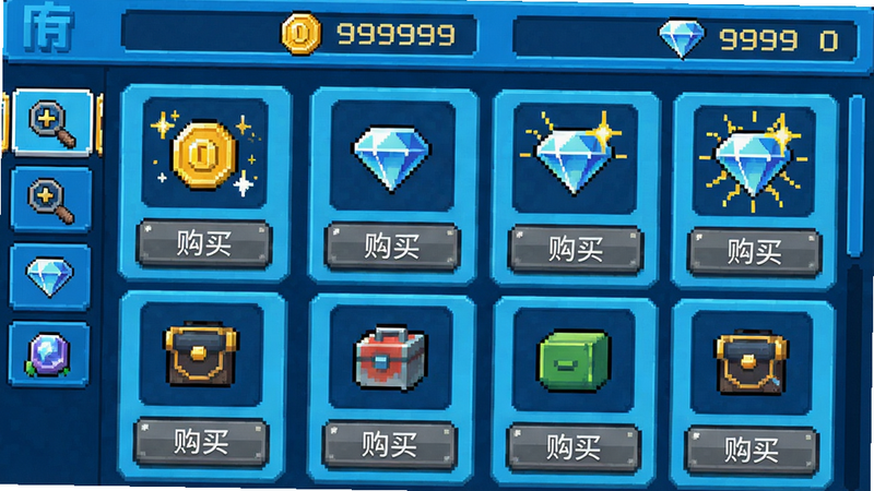 主体:游戏内商店界面,显示金币和钻石数量为999999,所有商品标价变为0。布局:上方资源条,下方商品列表,每个商品下方有“购买”按钮,按钮呈灰色不可用状态。排版:商品按类型分页,左侧有分类标签。风格:明亮像素风,蓝色主调,按钮带光泽。细节:金币图标闪烁,钻石图标带星芒。画质:高清干净,无多余UI