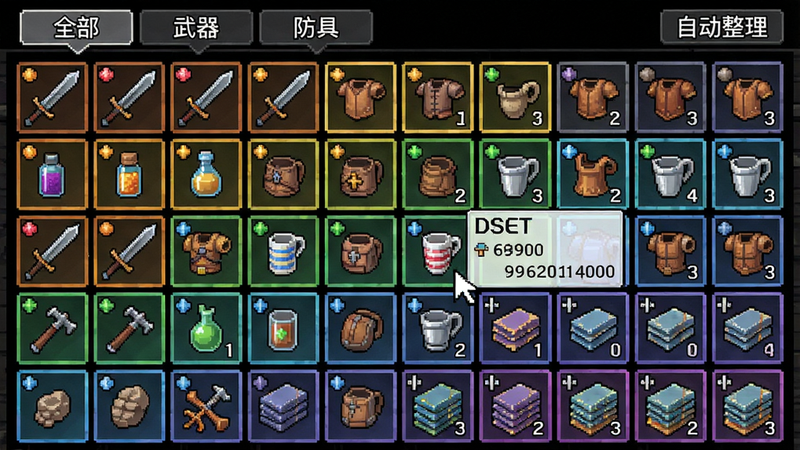 主体:背包界面,120格全部显示,物品按品质排列,相同物品堆叠显示数字。布局:顶部有“全部”“武器”“防具”等标签,右侧有“自动整理”按钮。排版:格子紧凑但清晰,物品图标带边框颜色表示品质。风格:统一像素风,格子背景色随品质渐变。细节:光标悬停在物品上显示详情弹窗。画质:锐利无锯齿,背景干净