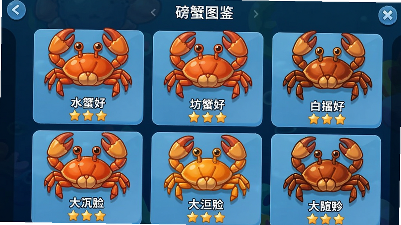 游戏螃蟹图鉴界面,以网格形式展示多种螃蟹,每只螃蟹配有名字和星级,颜色鲜艳,背景为深蓝色,UI风格简约,卡通风格,高清,干净