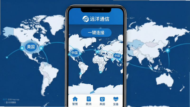 ���壺Զ��ͨ��App�������ͼ��չʾȫ���ͼ�����롰һ�����ӡ���ť�����֣����й�ͼ���ֻ�ģ��չʾ���棬�Ű棺�Ϸ���ʾ��Զ��ͨ�š�logo���в�Ϊ�����ͼ���źŸ��ǵ㣬�ײ�Ϊ����ͼ��������񣺱�ƽ���ִ���ƣ�������ɫ��ϸ�ڣ���ͼ�ϱ�ע���й�������������ŷ�ޡ������򣬻��ʣ������壬�ɾ��޶���Ԫ��