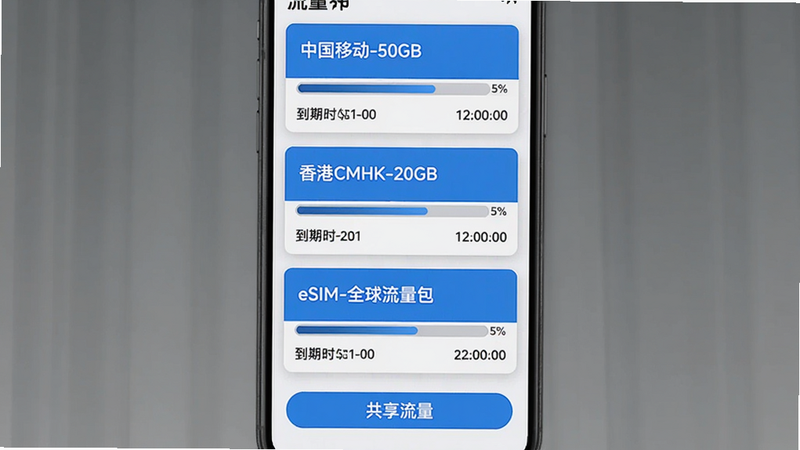 ���壺�����������б����棬���֣������������ſ�Ƭ���ֱ��ע���й��ƶ�-50GB���������CMHK-20GB������eSIM-ȫ������������ÿ�ſ�Ƭ��ʾ�������뵽��ʱ�䣬��񣺿�Ƭʽ��ƣ�����ɫ��ϸ�ڣ����·��С�������������ť�����ʣ��������޶���Ԫ��