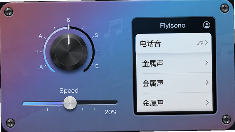 Flyinsono变调变速控制面板,上方有半音调节旋钮,下方有速度百分比滑块,右侧显示音效预设列表如“电话音”“金属声”,整体UI精致,背景为渐变色,干净简洁。
