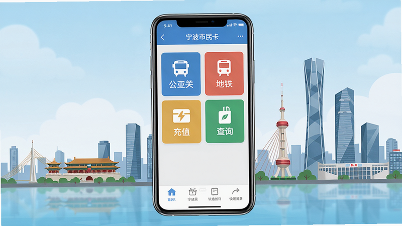 主体为手机屏幕显示宁波市民卡应用界面,背景为宁波城市天际线,界面布局由上至下依次为顶部导航栏(含“宁波市民卡”标题)、中部功能卡片(公交、地铁、充值、查询)、底部快速入口,排版简洁清晰,风格现代扁平化,细节突出卡片图标和城市地标,画质高清干净,无多余元素