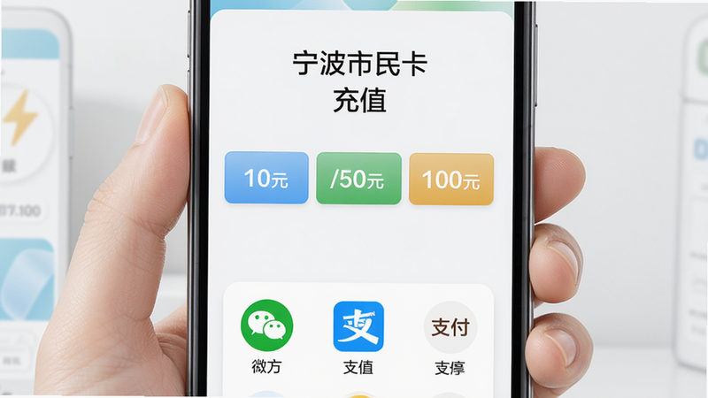 主体为手机充值界面,布局中央显示充值金额选择按钮(10元/50元/100元),底部为支付方式图标,排版居中对称,风格清新明亮,细节突出微信和支付宝Logo,画质干净无多余元素,文字标注“宁波市民卡”和“充值”