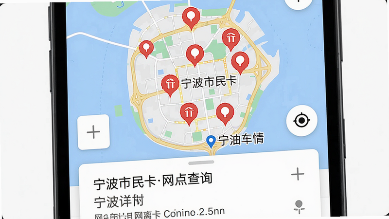主体为手机地图界面,布局显示宁波市区地图,标有多个红色服务网点图标,底部为网点详情卡片,排版层次分明,风格实用简约,细节包含地图缩放控件和网点距离数据,画质高清,文字标注“宁波市民卡网点查询”