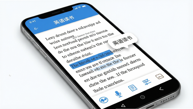 主体是一个智能手机屏幕,显示英语读书App的阅读界面,布局上方有书名