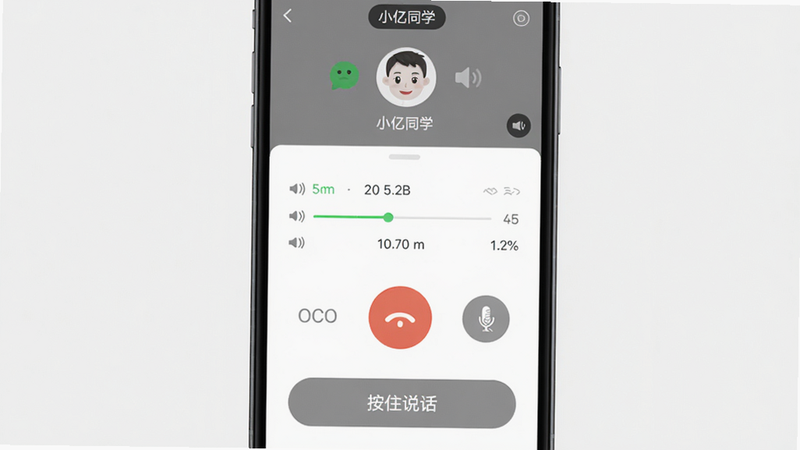 主体为手机App语音通话界面,底部显示“按住说话”按钮;布局类似微信语音通话,顶部显示“小亿同学”摄像头名称;风格扁平化;细节包括音量条、通话时长、静音按钮;画质干净,无多余元素。