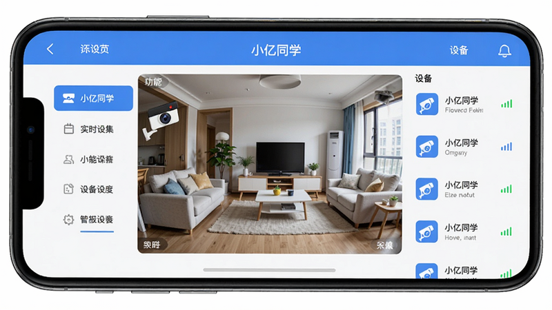 主体为手机屏幕上显示“小亿同学”App界面,布局为中心展示实时监控画面,左侧功能菜单,右侧设备列表;风格为扁平化UI,色彩蓝白为主;细节包括画面中的客厅场景、摄像头图标、信号强度指示;画质高清干净,无多余元素。