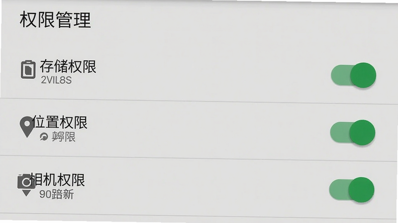 主体为手机App设置页面,显示“权限管理”列表,布局为典型的安卓设置列表,每个权限右侧有开关;风格系统原生UI;细节包括“存储权限”、“位置权限”、“相机权限”都已开启;画质干净无多余元素。
