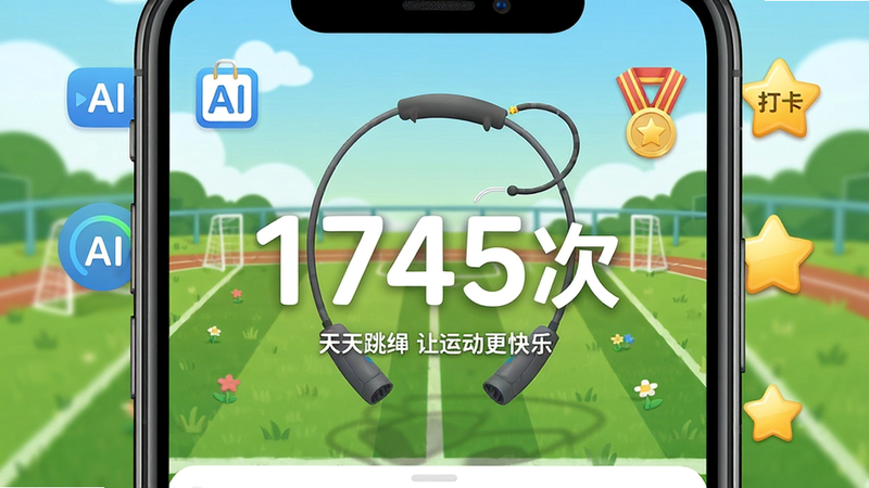主体为手机屏幕展示天天跳绳APP主界面,中央显示“1745次”大号跳绳计数数字,背景为草地运动场卡通场景,布局居中对称,排版简洁明快,风格活泼童趣,细节有AI计数图标、运动勋章、每日打卡星星,画质高清干净,无多余元素,文字显示“天天跳绳 让运动更快乐”