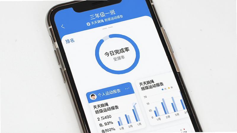主体为手机屏幕显示班级打卡页面,布局顶部有“三年级一班”标题,中间有今日完成率圆环,下方有学生个人运动报告卡片,风格简洁商务,配色蓝白,细节有排名列表和数据图表,画质干净无冗余元素,文字“天天跳绳 班级运动报告”