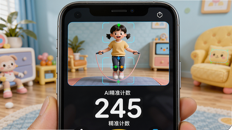 主体为手机屏幕显示跳绳计数界面,布局上方摄像头预览框内小孩在跳绳,下方显示实时计数数字“245”,风格写实卡通,配色明亮,细节有AI识别框标注身体关键点,画质清晰无噪点,文字“AI精准计数”