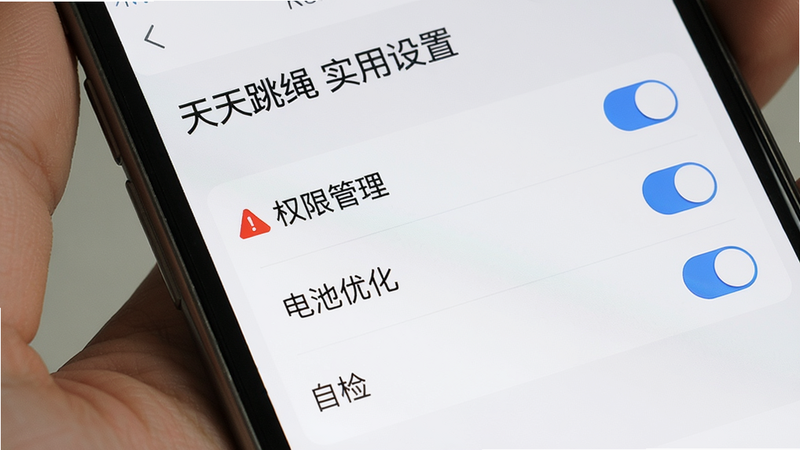 主体为手机屏幕显示天天跳绳设置页面,布局有“权限管理”“电池优化”“自检”选项,风格系统设置,配色白底灰字,细节有红色警告图标和蓝色开关按钮,画质干净清晰,文字“天天跳绳 实用设置”