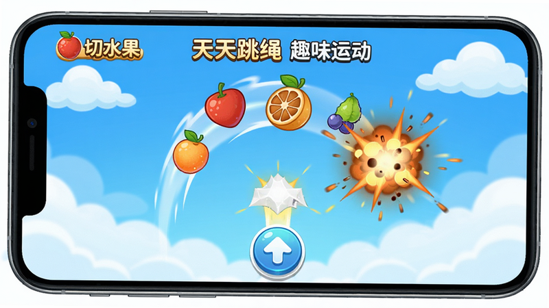 主体为手机屏幕显示“切水果”游戏界面,布局中央水果不断弹出,底部有跳跃按钮,风格卡通游戏,背景是蓝天白云,细节有跳跃特效和水果爆炸粒子,画质流畅清晰,文字“天天跳绳 趣味运动”
