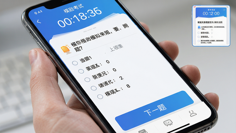 手机屏幕展示模拟考试界面,上方倒计时,中间为选择题题干与选项,底部为“下一题”按钮,右上角显示答题卡缩略图,整体风格清爽,无弹窗干扰,画质高清。