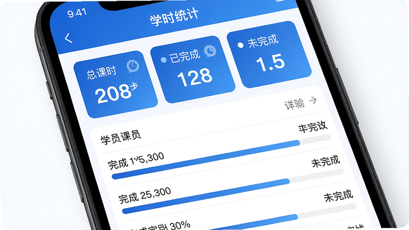 手机APP内“学时统计”界面,上方显示总课时、已完成、未完成数据卡片,下方为学员列表及完成百分比进度条,背景白色,蓝色主色调,数据清晰可读,画质细腻。