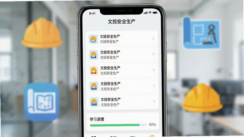一张手机竖屏截图,顶部显示“文投安全生产”应用名称,下方是课程列表与学习进度条,背景虚化处理,带有安全帽和工地图标元素,整体风格简约现代,干净明亮,画质高清无多余元素。