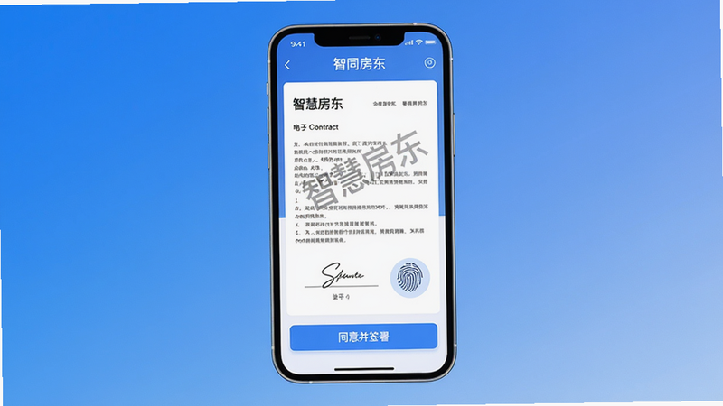 主体:智慧房东App的合同签署界面,手机屏幕中央显示一份电子合同,下方有“同意并签署”按钮,背景为蓝色渐变,布局:垂直居中排版,风格:科技感,细节:合同页面有“智慧房东”水印,签字区域带指纹图标,画质:高清、干净、无多余元素