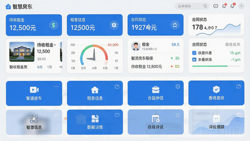 主体:智慧房东App的主界面,包含房源列表、租客信息、合同状态等模块,布局为经典移动端仪表盘,上半部分为数据概览卡片,下半部分为功能图标网格。风格:扁平化、现代简约,主色调为蓝色与白色,细节:每个卡片上显示数字和文字,例如“待收租金 12,500元”,画质:高清、干净、无多余元素