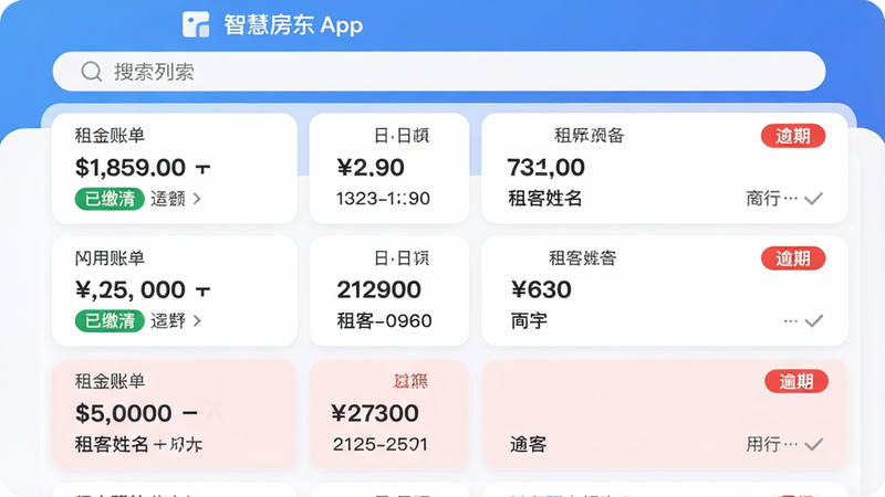 主体:智慧房东App的账单列表页,展示多个月的租金账单,每个账单卡片上有“已缴清”或“逾期”标签,布局:列表式竖排,风格:清新商务,细节:顶部搜索栏,每个账单显示金额、日期、租客姓名,逾期账单用红色标注,画质:高清、干净、无多余元素