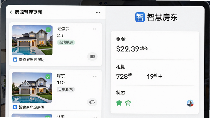 主体:智慧房东App的房源管理页面,左侧为房源列表缩略图,右侧为详情面板,显示“智慧房东”字样的LOGO位于顶部,布局:左右分栏排版,风格:简洁商务,细节:列表项带房屋图片和地址标签,右侧面板有“租金”、“租期”、“状态”字段,画质:高清、干净、无多余元素