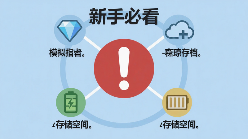 模拟人生畅玩版 新手避坑指南信息图:画面中央一个大大的感叹号图标,周围环绕四个小图标(钻石、云存档、电量、存储空间),每个图标下方有简单文字提示,背景为浅蓝色,整体布局采用环绕式,风格简约扁平,画质清晰,无多余元素,突出“新手必看”提示。