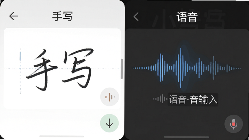 小艺输入法手写与语音输入对比图,左侧为手写区域,显示书写笔迹,右侧为语音输入按钮,显示波形动画,布局左右对称,风格简洁现代,细节清晰体现笔迹识别和语音转文字过程,画质高清,干净无多余元素,图片中可包含文字“手写”和“语音”
