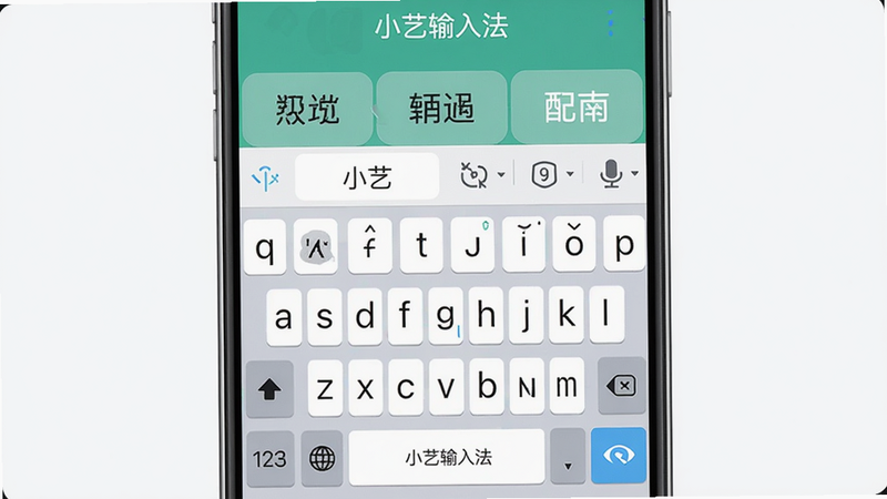 小艺输入法整体预览图,主体为智能手机屏幕显示输入法界面,布局包括上方的候选词栏、中间的虚拟键盘、下方的功能按钮,风格现代扁平化,细节清晰呈现按键上的字母和符号,画质高清,干净无多余元素,图片中可包含文字“小艺输入法”