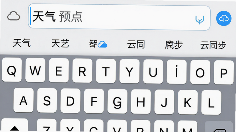 小艺输入法智能预测界面,主体为输入框下方显示一排候选词列表,布局键盘在底部,候选词居中排列,风格清晰明亮,细节展示预测词条如“天气”和云同步图标,画质高清,干净无多余元素,图片中可包含文字“智能预测”和“云同步”