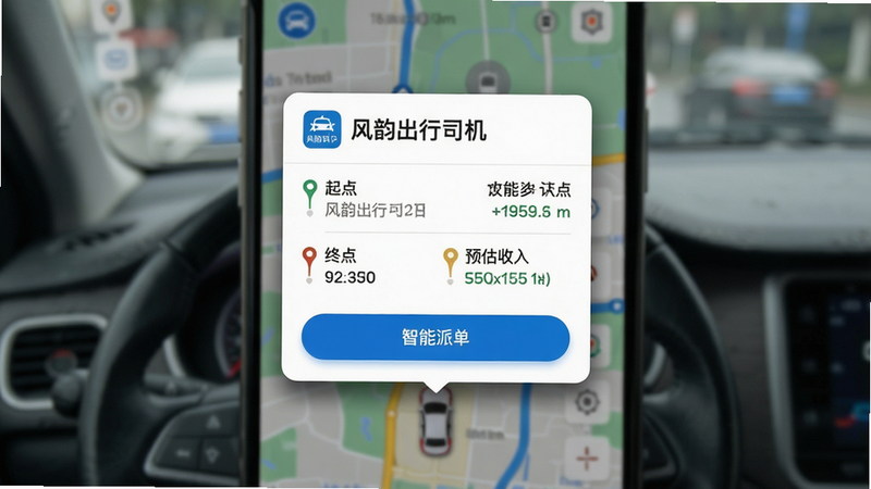 主体:一张网约车司机手机截图,显示智能派单弹窗,弹窗上有“风韵出行司机”标志和订单信息(起点、终点、预估收入),背景为地图界面。布局:弹窗居中,背景模糊。排版:订单信息用列表展示,按钮突出。风格:写实UI截图。细节:弹窗边缘有阴影,地图上显示车辆图标。画质:高清,无多余元素。