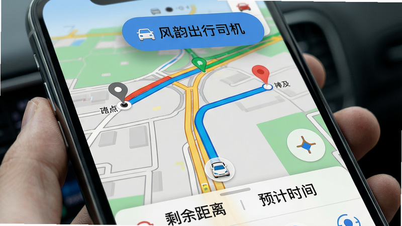 主体:手机屏幕显示导航界面,上方有“风韵出行司机”浮窗,地图上显示起点、终点和推荐路线,底部有剩余距离和预计时间。布局:地图占主体,浮窗位于顶部。排版:路线用蓝线标注,文字简洁。风格:写实导航截图。细节:路况颜色(红黄绿)清晰,车辆图标运动轨迹。画质:超清,无多余元素。
