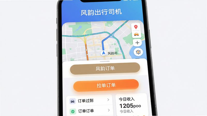 主体:一部智能手机屏幕显示风韵出行司机应用主界面,顶部有蓝色渐变背景上的白色文字“风韵出行司机”,中间区域为地图导航与接单按钮,下方分布订单列表和今日收入卡片。布局:上下结构,信息层级清晰。排版:文字对齐工整,按钮圆角。风格:写实高清,界面扁平化。细节:接单按钮有橙色光晕,地图显示实时路况。画质:4K超清,干净无多余元素。
