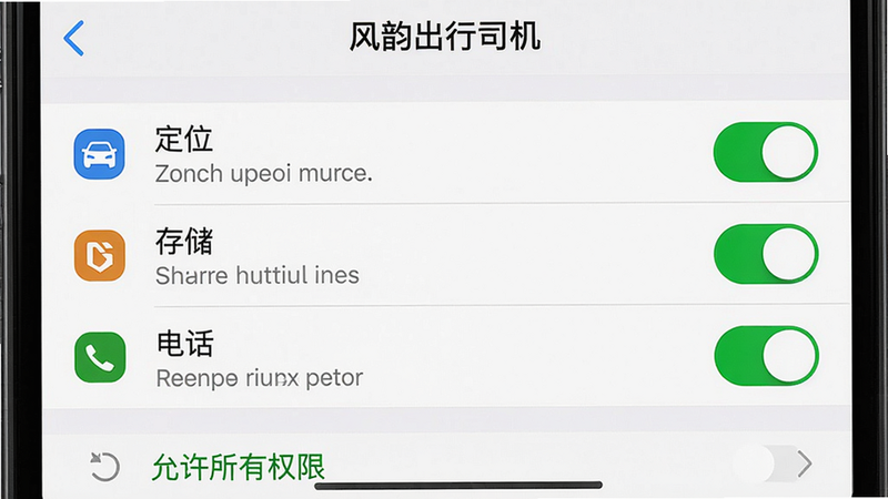 主体:一张手机截图显示风韵出行司机APP的“权限设置”页面,顶部有“风韵出行司机”标题,下方列出定位、存储、电话等权限开关,全部处于开启状态,背景为设置界面。布局:列表式,每项权限带图标和说明。排版:文字左对齐,开关在右侧。风格:写实系统设置截图。细节:权限开关为绿色高亮,底部有“允许所有权限”提示。画质:高清,无多余元素。