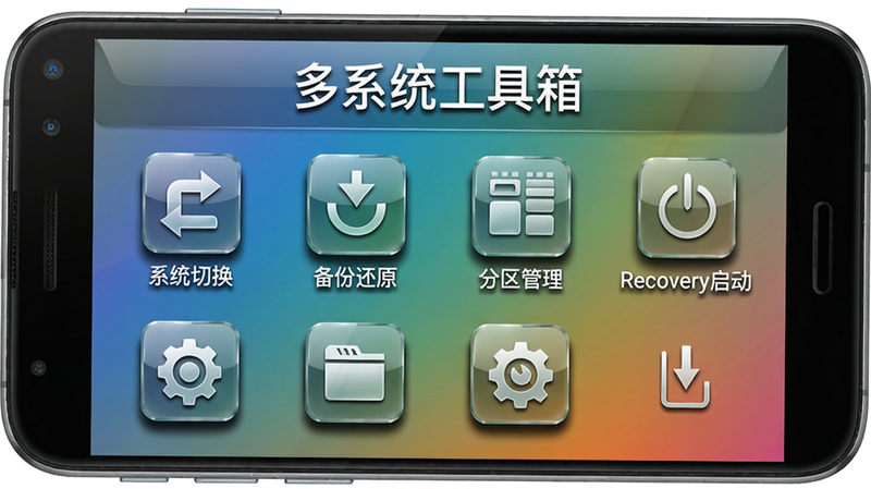 主体为一部安卓手机屏幕展示多系统工具箱主界面,布局居中,顶部有“多系统工具箱”标题字样,下方排列多个功能图标如“系统切换”“备份还原”“分区管理”“Recovery启动”等,风格拟物化带玻璃质感,细节包括图标阴影和渐变背景,画质超清干净无多余元素。