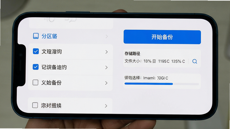 主体为手机屏幕显示备份设置界面,布局左侧为分区列表(勾选多个),右侧为“开始备份”按钮和存储路径选择,风格卡片式白底蓝字,细节包括文件大小估算和进度条,画质清晰无多余元素。