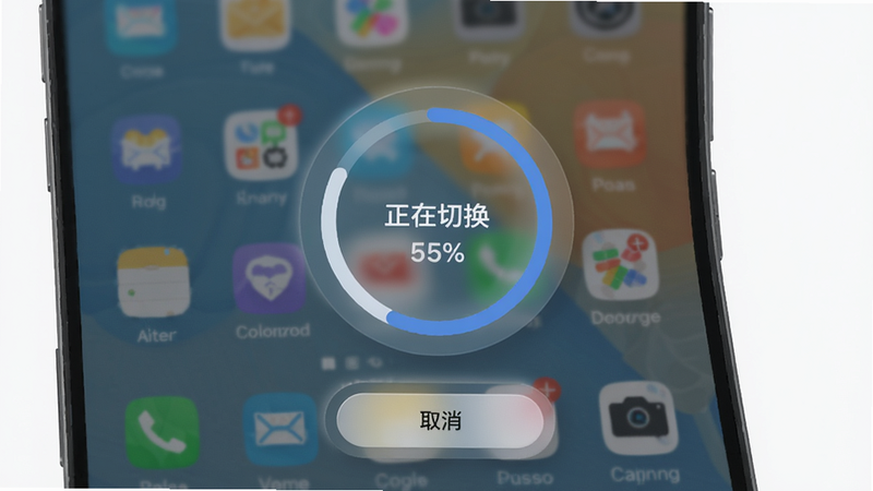 主体为手机屏幕显示系统切换进度界面,布局中央有一个圆形进度环,环内文字“正在切换”,背景模糊显示原系统桌面,风格扁平化带轻拟态,细节包括进度百分比和“取消”按钮,画质高清干净无多余元素。
