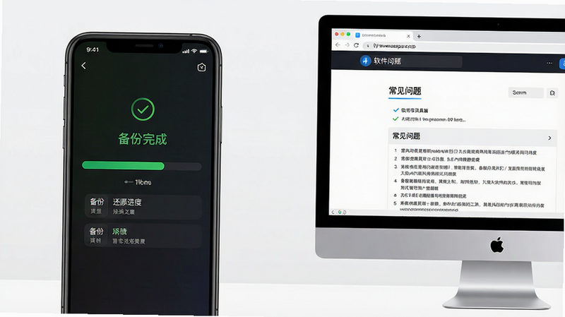 主体为手机与电脑并排展示多系统工具箱界面,左侧手机显示备份还原进度,右侧电脑浏览器显示软件官网帮助文档,布局左右对称,风格现代简约,细节包括手机屏幕上的“备份完成”绿字和电脑上的“常见问题”列表,画质高清干净无多余元素。